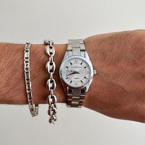 silver classy y2k sporty round stainless steel quartz luxury watch